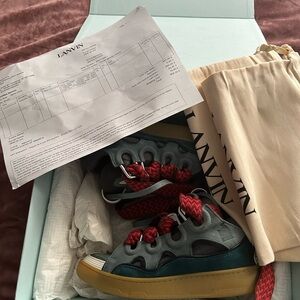 Lanvin Gray and Teal Sneakers with Red Accents